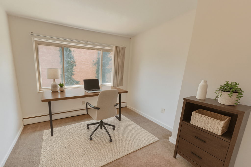 A room with a desk, chair, and window.