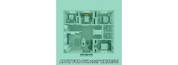 A poster advertising a waitlist for 2027 with a detailed floor plan of a hospital room.