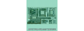 A poster advertising a waitlist for 2027 with a floor plan of a house.