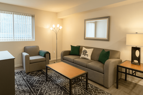 A living room with a grey couch, a chair, a coffee table, and a lamp.