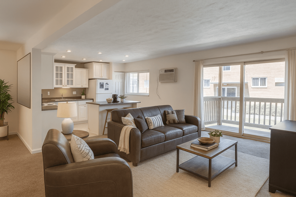 A living room with a couch, chair, and coffee table.