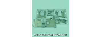 A 3D rendered image of a house interior with the text "APPLY FOR OUR 2027 WAITLIST!"