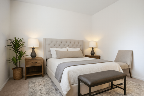 A bedroom with a large bed, a bench, and a potted plant.