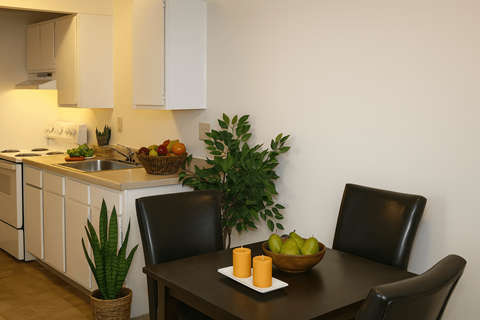 A kitchen with a table set for two.