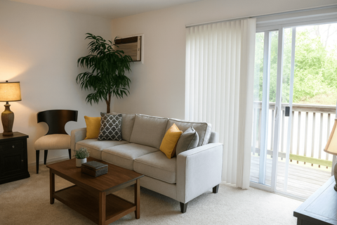 A living room with a couch, chair, and a potted plant.