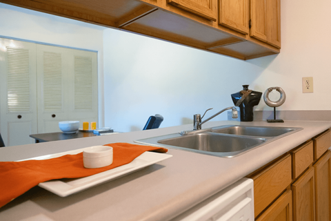 A kitchen with a white counter top and a silver sink.