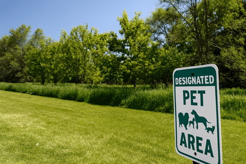A sign designates the area as a pet-friendly zone.