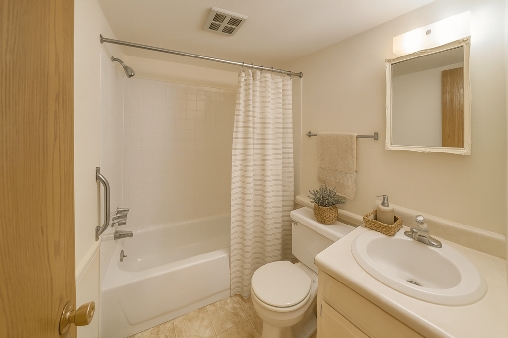 A bathroom with a toilet, sink, and shower.