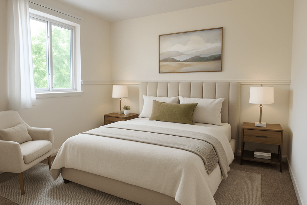 A bedroom with a large bed, a chair, and a painting on the wall.