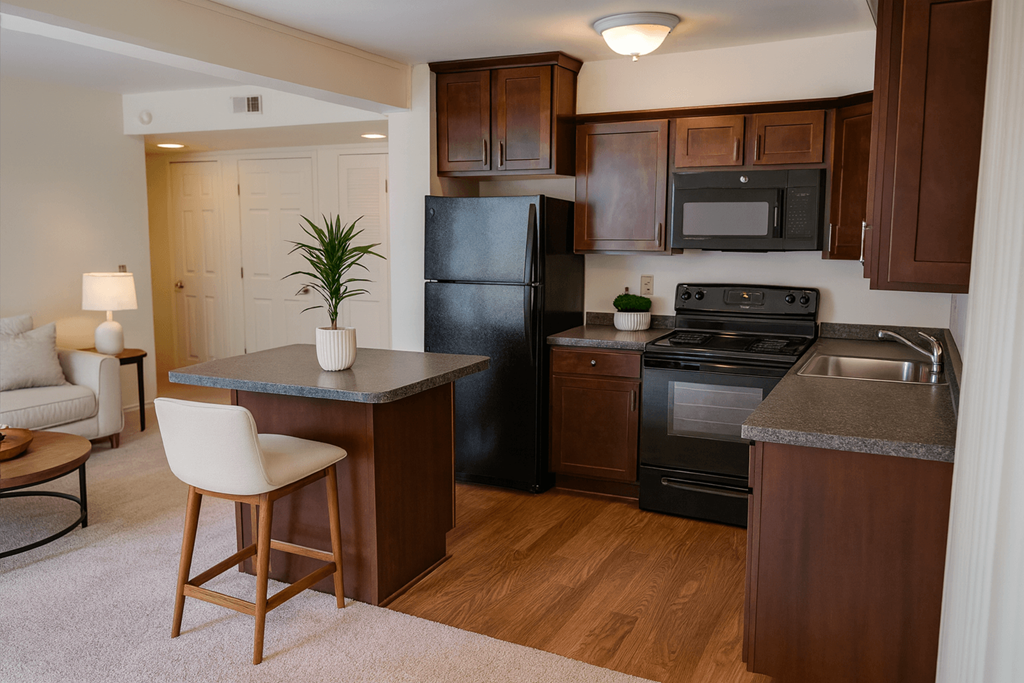 A kitchen with a black refrigerator, stove, and microwave.
