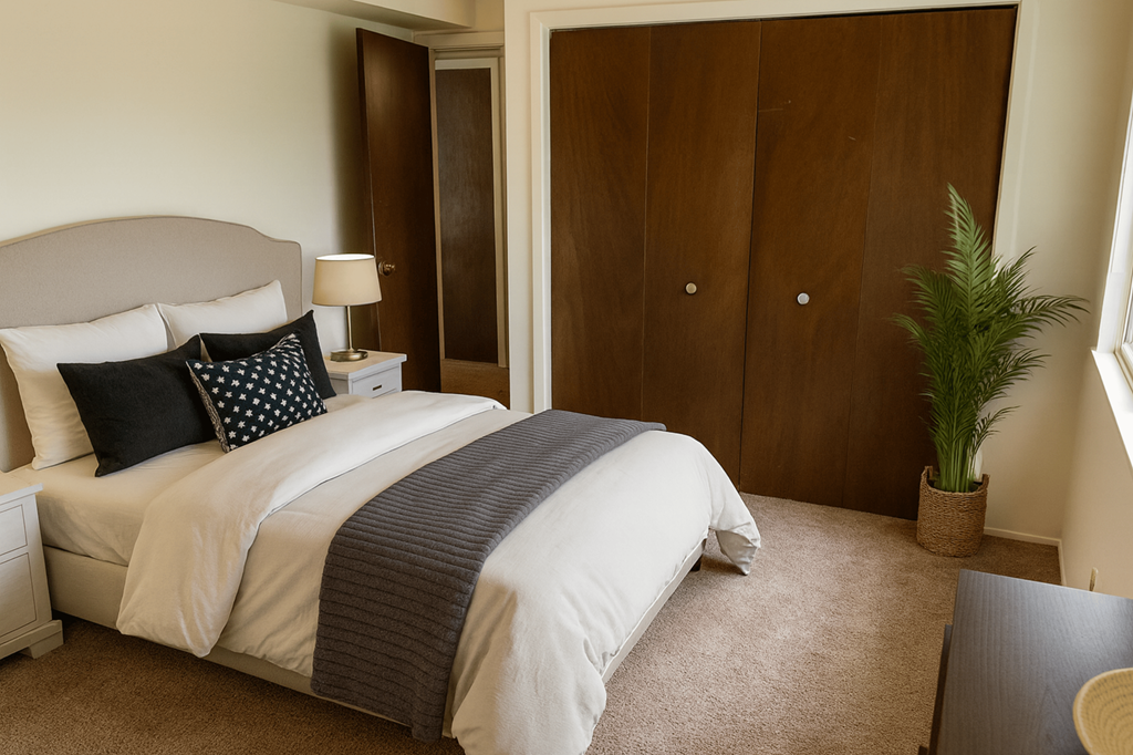 A bedroom with a large bed and a potted plant.