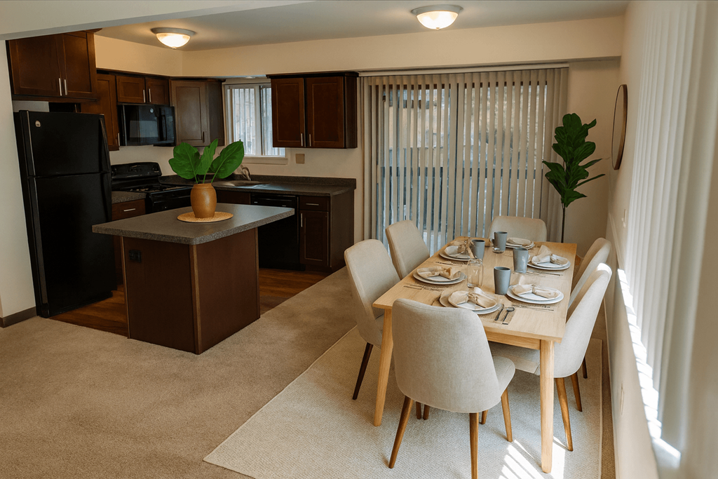 A kitchen with a dining table set for four.