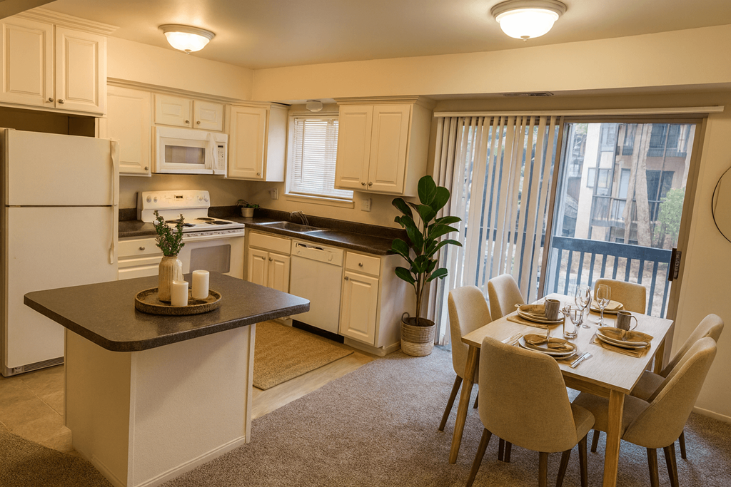 A kitchen with a dining table and chairs.