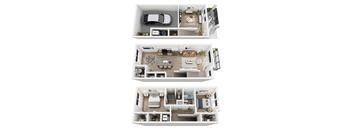 Three different floor plans of a house with a car parked in the top left corner.