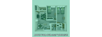 A poster with a waitlist for 2027 is displayed over a cutout image of a room.