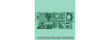 A poster advertising a waitlist for 2027 with a cutout of a room.