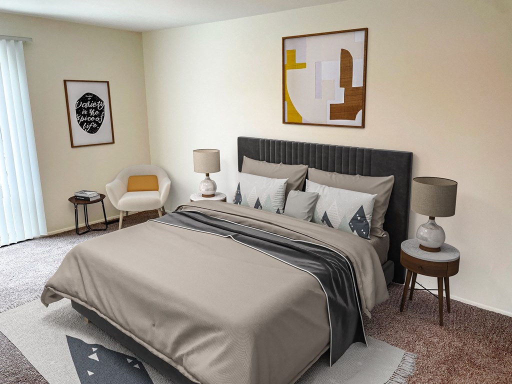 a bedroom with a large bed and a painting on the wall