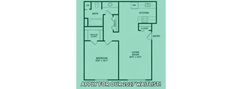 A floor plan of a living space with a bedroom, bathroom, kitchen, and living room, with an entry and two closets.