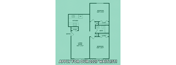 A floor plan for a home with a living room, kitchen, and two bedrooms, along with a call to apply for a waitlist.