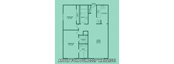A floor plan of a house with two bedrooms, a living room, a kitchen, a bathroom, and a walk-in closet.