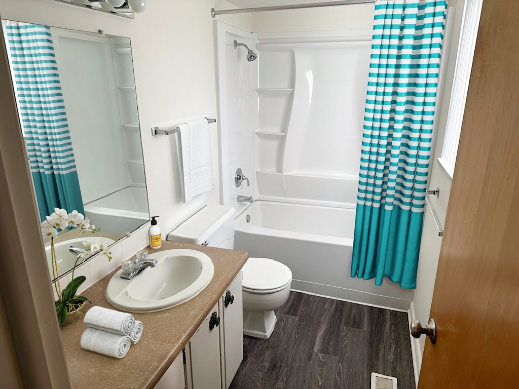 a bathroom with a sink toilet and bath tub