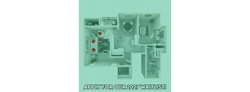 A poster advertising a waitlist for 2027 in front of a cut-out image of a house.