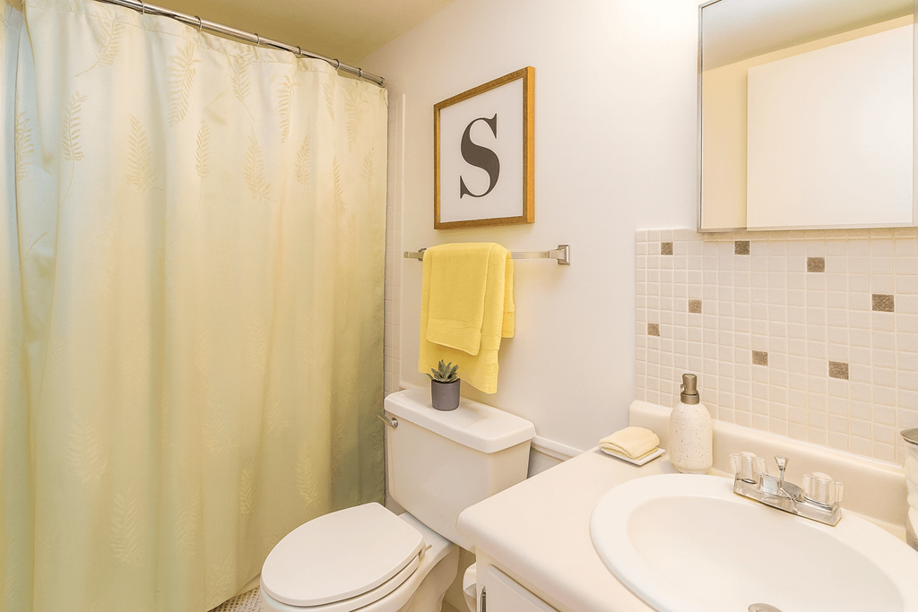A bathroom with a toilet, sink, and shower curtain.