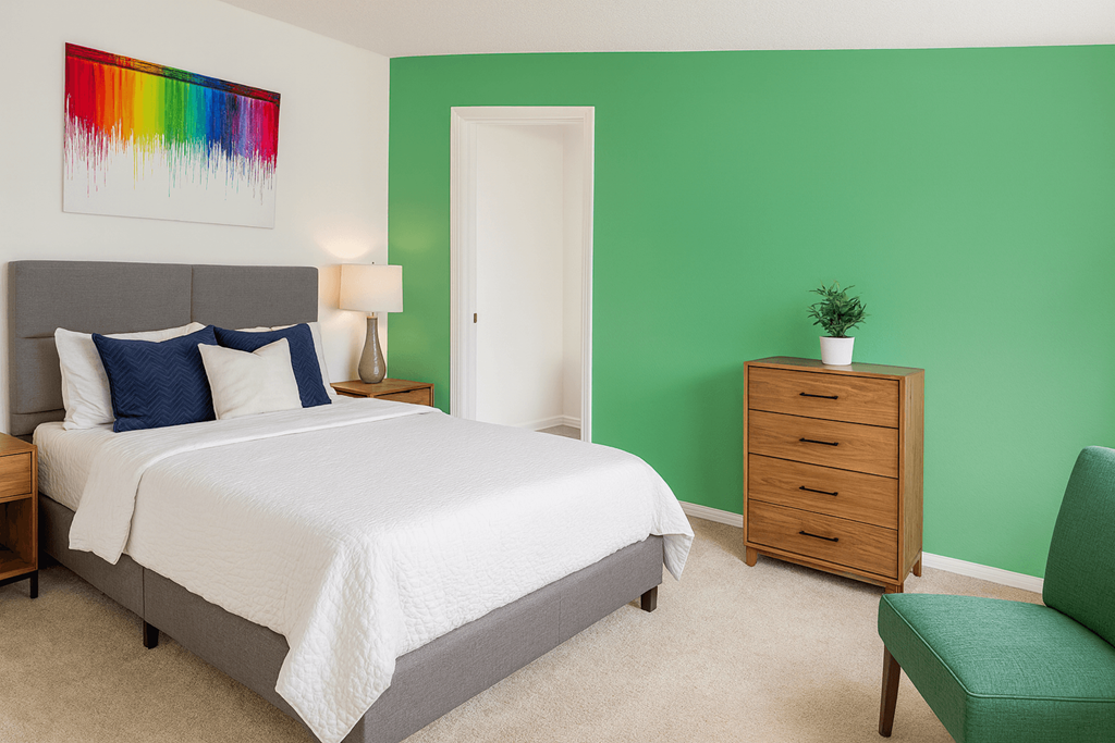 A bedroom with a bed, nightstand, and chair.