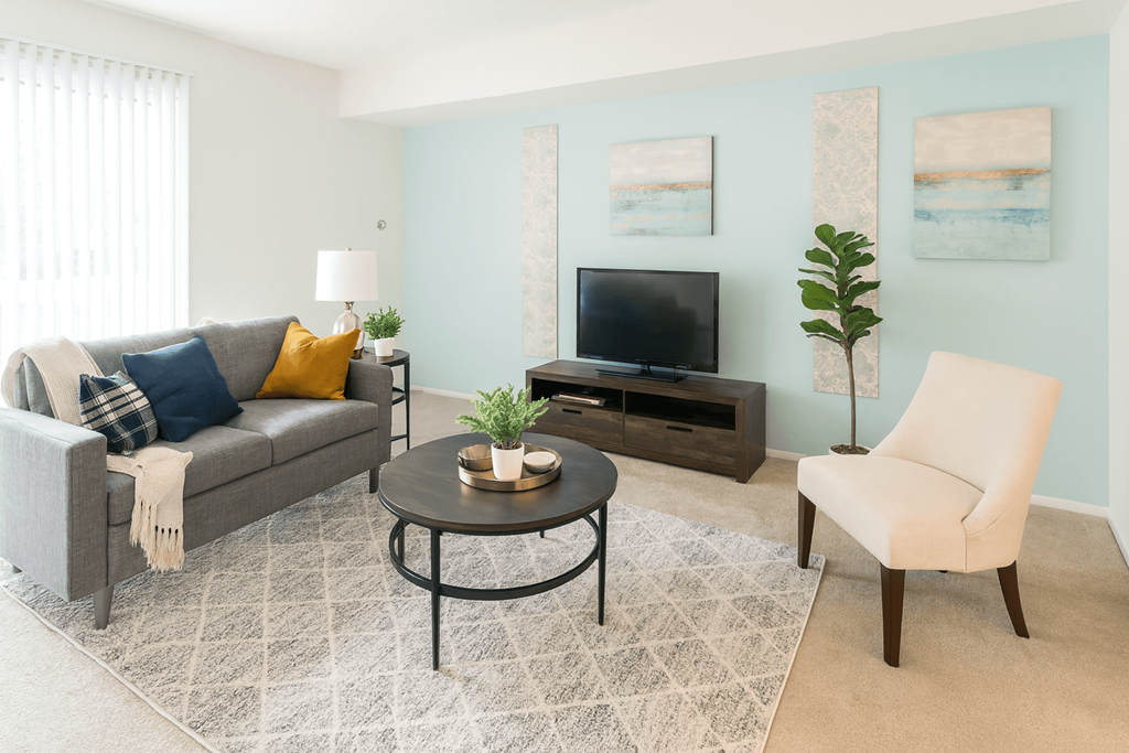 A living room with a grey couch, a black coffee table, a white chair, and a television.