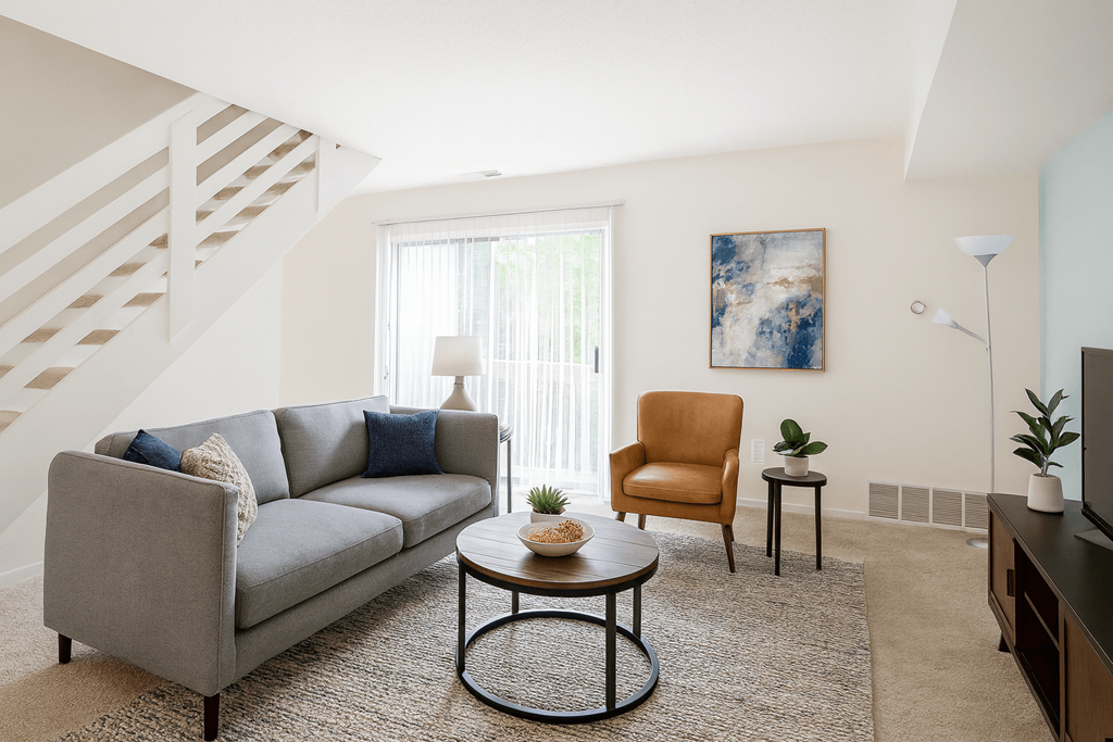 A living room with a grey couch, a brown chair, a coffee table, and a painting on the wall.