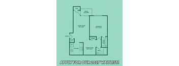 A floor plan of a house with a living room, bedroom, and kitchen, and an invitation to apply for a waitlist.