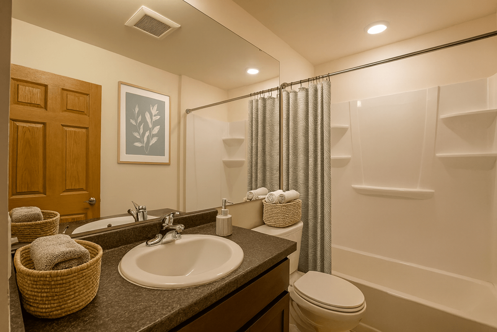 A bathroom with a sink, toilet, and shower.