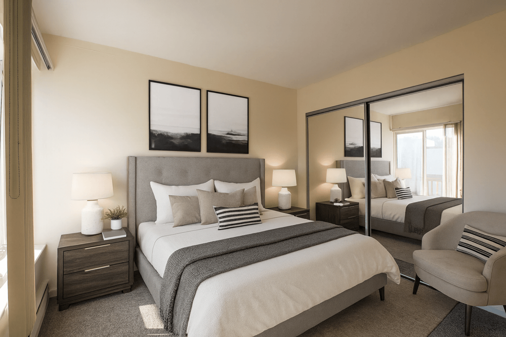 A bedroom with a large bed, a chair, and a mirror.