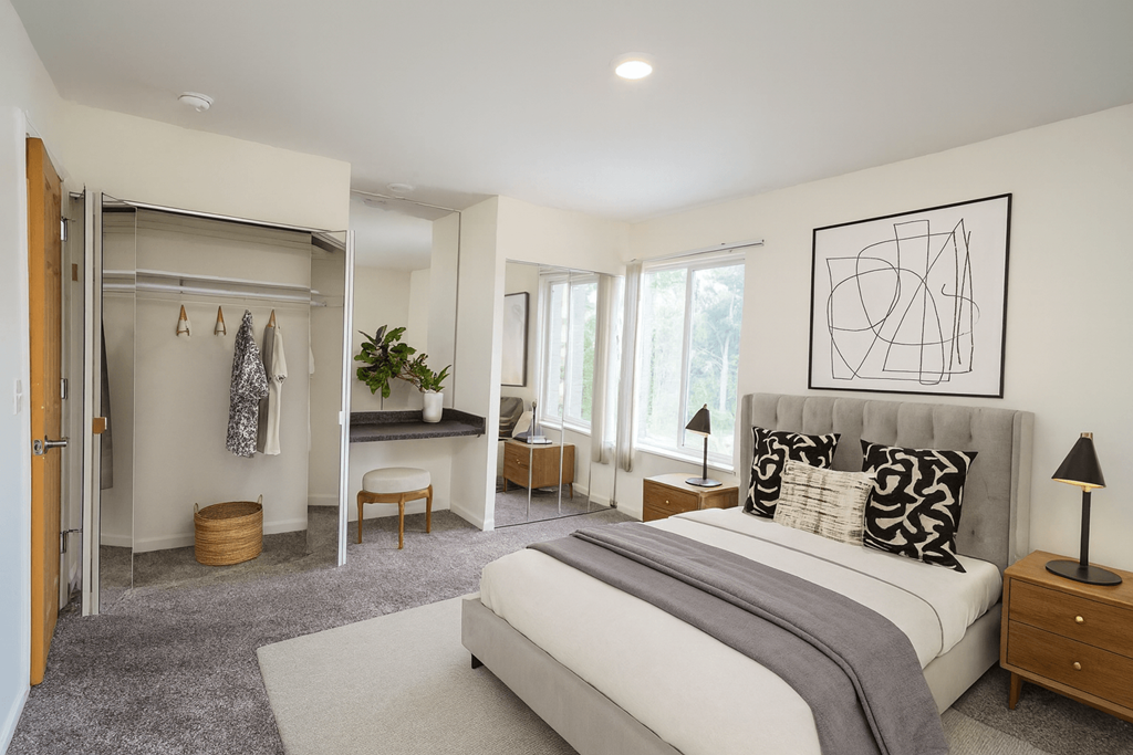 A bedroom with a large bed and a wardrobe.