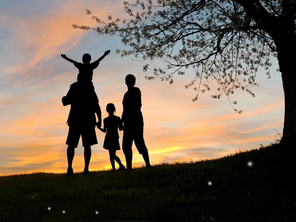 a silhouette of a family standing on a hill at sunset