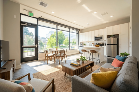 A modern living room with a grey couch and a wooden coffee table.