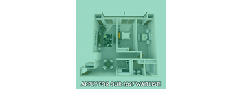 A 3D floor plan of a small apartment is displayed with the text "APPLY FOR OUR 2027 WAITLIST!"