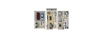 A 3D floor plan of a house with a garage for two cars.
