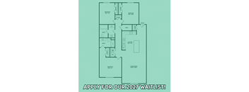 A floor plan of a house with a living room, kitchen, and three bedrooms, and an invitation to apply for a 2027 waitlist.