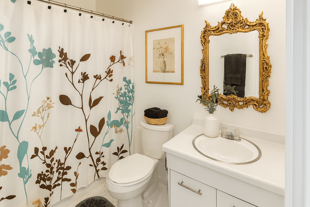 A bathroom with a white toilet, a white sink, a gold framed mirror, and a floral shower curtain.
