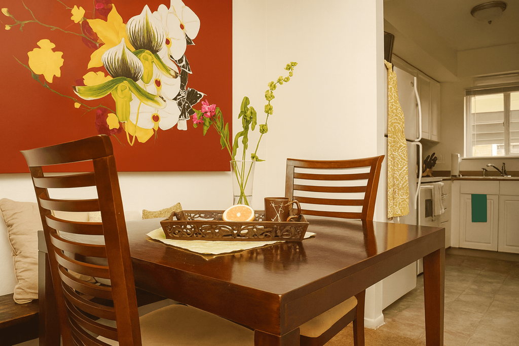 A dining room with a wooden table and chairs.