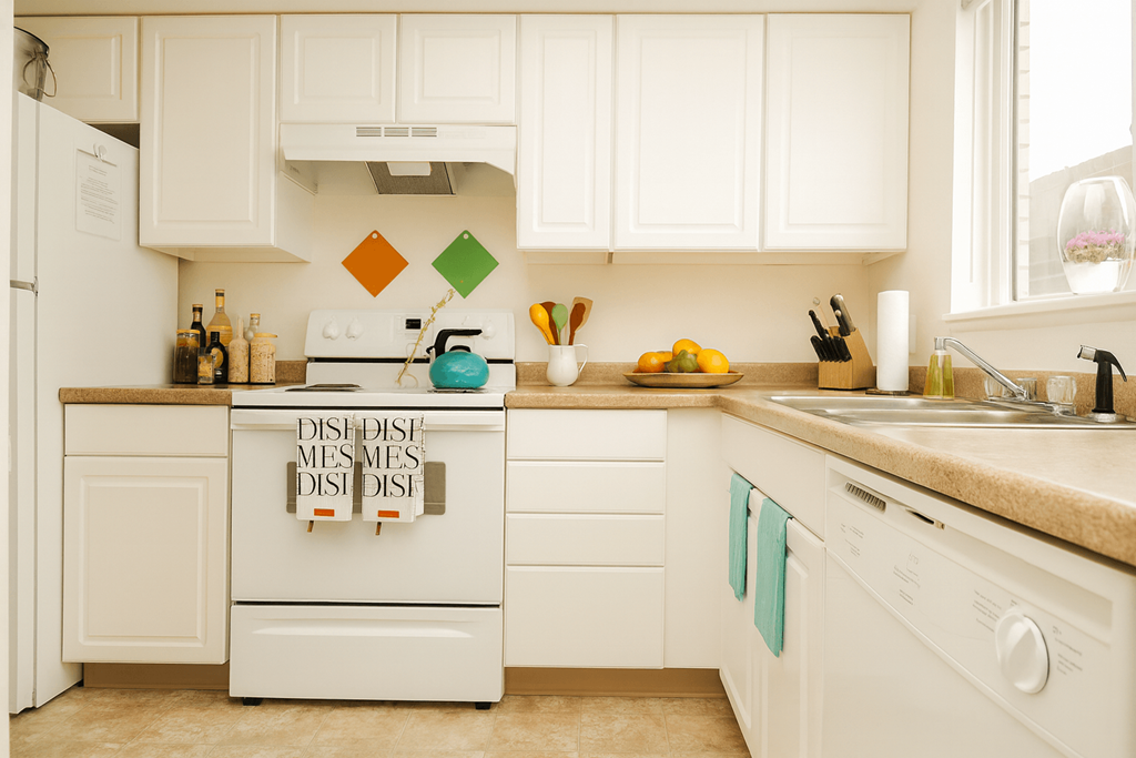 A kitchen with white appliances and a tile backsplash.