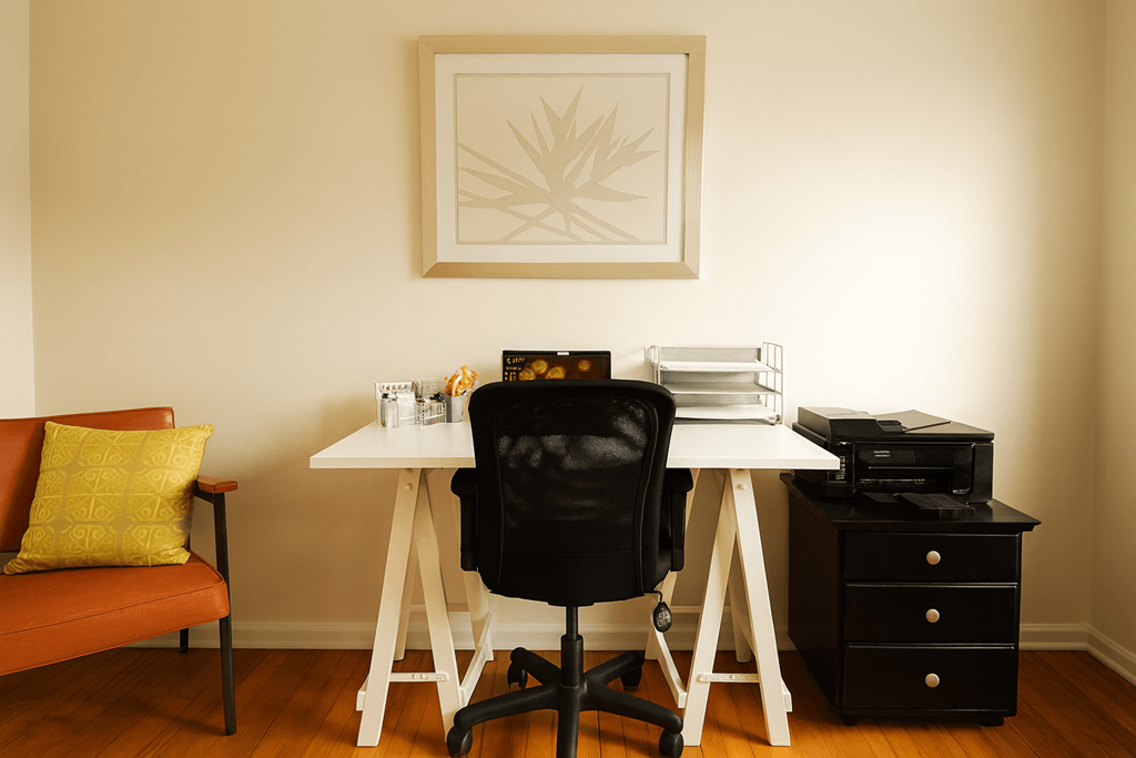 A black chair sits in front of a white desk with a printer on it.