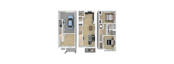 Three different floor plans of a house with a car parked in the garage.