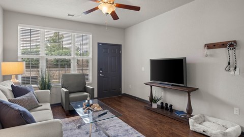A living room with a television, a couch, a chair, a coffee table, and a ceiling fan.