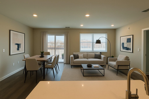 A well-lit living room with a dining table and chairs.