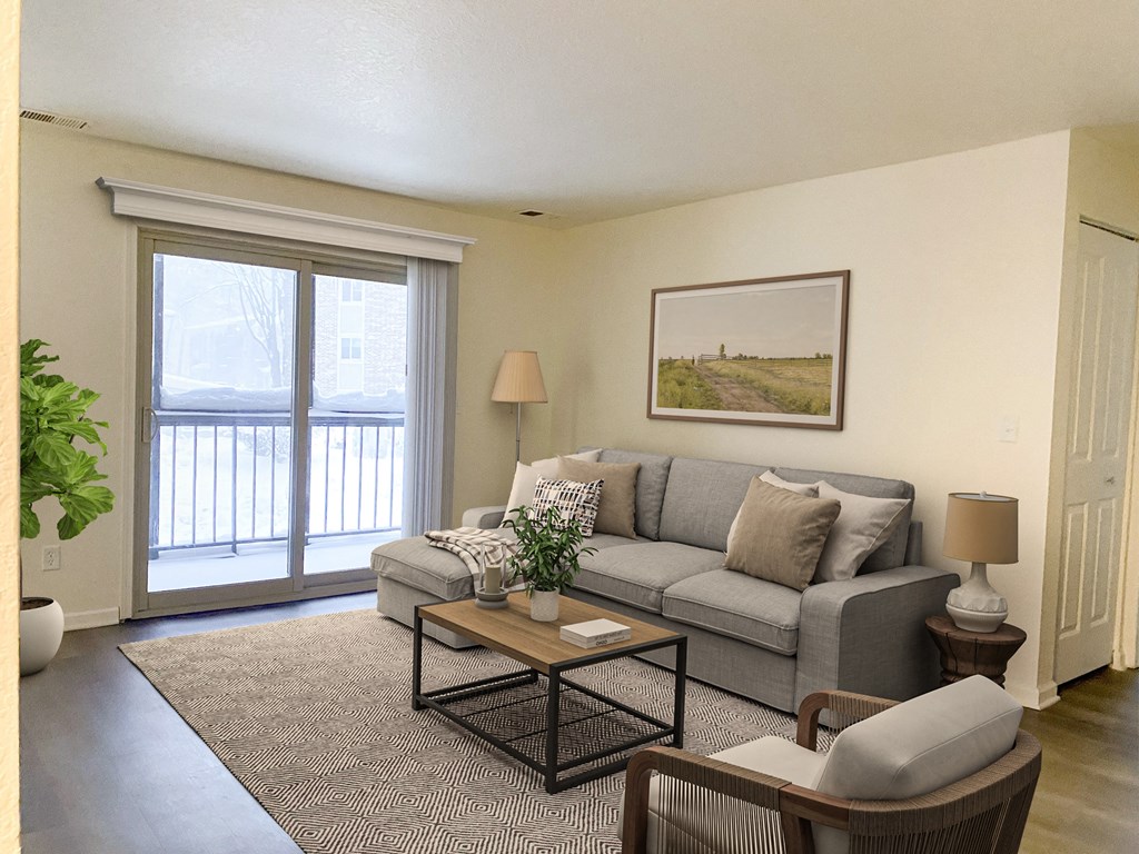 a living room with a couch and a coffee table