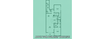 A floor plan of an apartment with a laundry room, bathroom, kitchen, living room, and patio.