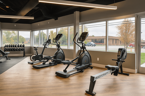 A gym with a row of exercise bikes and a bench with dumbbells.