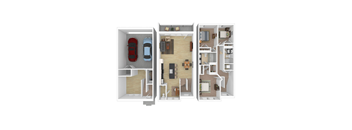 A 3D floor plan of a house with two cars parked in the garage.